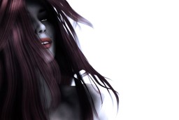 A depiction of a dark goddess-like feminine person on a white background. They have ashy skin and long, deep red-brown hair.