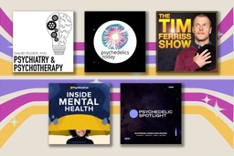 Podcast Episode About Microdosing. A cream background, with 5 images of the profile pictures of the 5 podcasts mentioned in the article. Behind the image are 6 horizontal curved colorful stripes alternating in color between yellow, pink and purple. There are sparkly stars dotted over them.
