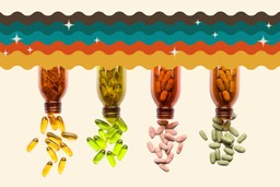 Supplements to reduce side effects of MDMA. A graphic of horizontal wavy lines of brown, deep teal, bright teal, bright orangey red, and mustard in color, dotted with stars. Beneath this are four upside down pill bottles in different colors with capsules and pills cascading out of them.