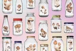 Storing psilocybin. Multiple floating glass jars in a neat pattern with fresh psilocybin mushrooms in each of them, and a dreamy pastel background. 