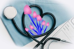 Psilocybin's Effects. A photograph of a nurse assessment form with scrubs folded neatly on top of it and a stethoscope on top of that. The tube of the stethoscope is bent into the shape of a heart. Inside the heart shape from one of the edges of the pipe is a graphic of psilocybin mushrooms with blue stems and pink heads.