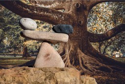 Spiritual Bypassing. A massive tree with extensive roots in a park. The coloring is Autumnal. In the foreground of the image are stones balancing in the formation of balancing scales.