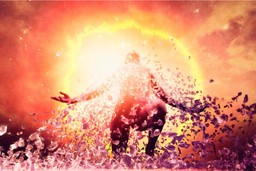 Psychedelic Business. A person rising from the ashes, with a powerful energy or aura-like glowing yellow orb around them and red and orange colors beyond the orb.