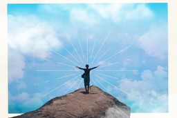 Ayahuasca and Black Magic. A person with their arms in the air standing on a rock with a blue sky with some clouds in the background, and a white border around the image.