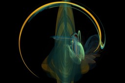 A black background with symbolic dark goddess energy imagery. There is an emerald and gold outline of a circle with a translucent effect in the image. In the centre of this, is something that resembles an emerald fish with the same translucent energy.