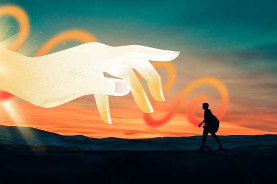 Influential figure. This image features a surreal composition with a vibrant sunset in the background, blending deep orange, yellow, and teal hues. The silhouette of a person walking on a hill is seen in the foreground, creating a sense of exploration or journey. A large, glowing hand with a soft, golden light appears above, symbolizing guidance or a mystical presence. Swirling orange and yellow light trails weave across the scene, adding dynamic energy and a dreamlike atmosphere. The overall composition conveys themes of connection, transcendence, and discovery.