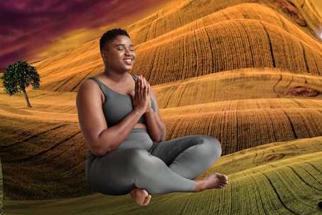 Setting Intentions for psychedelic journeys. An abstract landscape background with a female presenting person sitting and meditating almost as if floating. They are wearing gray, have dark skin, and short hair.