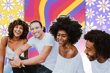 Support Group. A background of three retro patterns in bright colours. On the left, a pale yellow section with white daisies. On the right, a lavender section with white daisies. In the middle, flowing colorful lines in purple yellow, orange, and pink. In the foreground of the picture are four diverse people sitting in a row smiling, all wearing different white tops and denim bottoms.