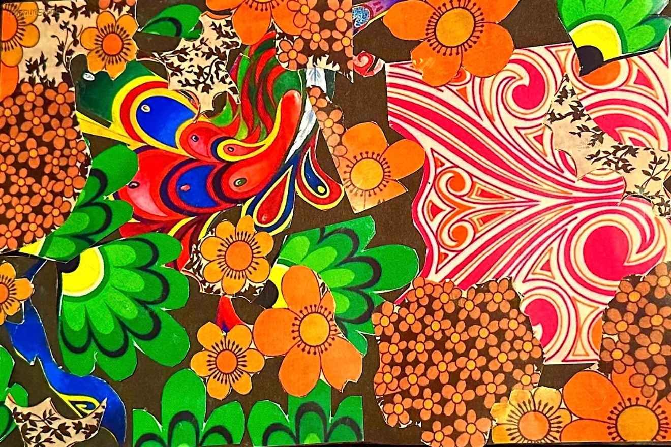 Non-ordinary reality. This image was posted on Jude's clinic's website. The image features a vibrant and intricate collage of floral and abstract patterns. Bold, colorful flowers in shades of orange, yellow, and brown are scattered throughout, interspersed with various green leaves. The composition includes an eye-catching peacock-like design with bright red, blue, and yellow hues. The background is a dark brown, creating a contrast that makes the colors pop. Some areas appear to have paper cutouts or overlapping layers, adding texture and depth to the overall design, which combines organic shapes and intricate details.