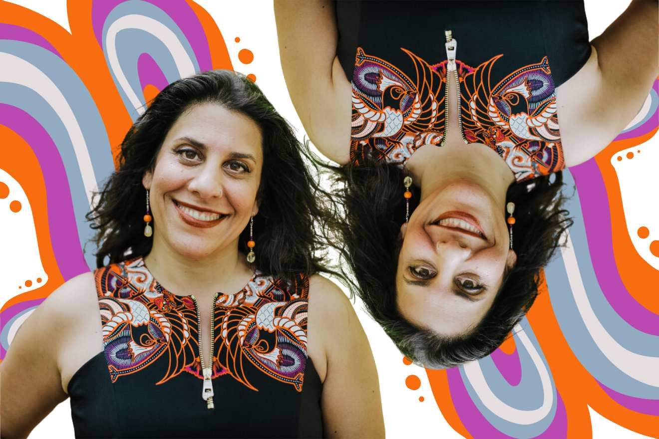 Master Plants. Photo of Dr. Maya Shetreat, duplicated and flipped both horizontally and vertically so that they are mirrored. The photo is cropped just above the chest line. She is wearing a black dress or top with orangey red patterns spotted with grey and blue. Behind her on a white background is a psychedelic pattern in orange, purple, dusty blue and grey.