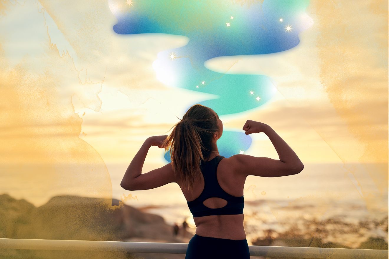 Behavior Changes from Psychedelics. A person in athletic wear, female presenting, light-skinned, light hair in a ponytail. Their clothes are black, and their fists are held up in a "strength" position. It appears that there's a warm yellow out of focus seascape behind them, with a turquoise and blue flowing pattern dotted with small stars seeming to create a skywards pathway ahead of them.