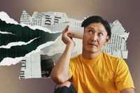 Daily gratitude. The image features a man in a bright yellow shirt seated against a textured background made of torn newspaper clippings and abstract collage elements. He holds a paper cup to his ear, suggesting he is listening intently, with a curious, contemplative expression. The backdrop includes layered scraps of text, torn paper edges, and a muted palette of earthy tones—greens, beiges, and off-whites—contrasting with the man’s vibrant shirt. The overall composition blends analog and surreal styles, evoking themes of communication, introspection, and the search for meaning.