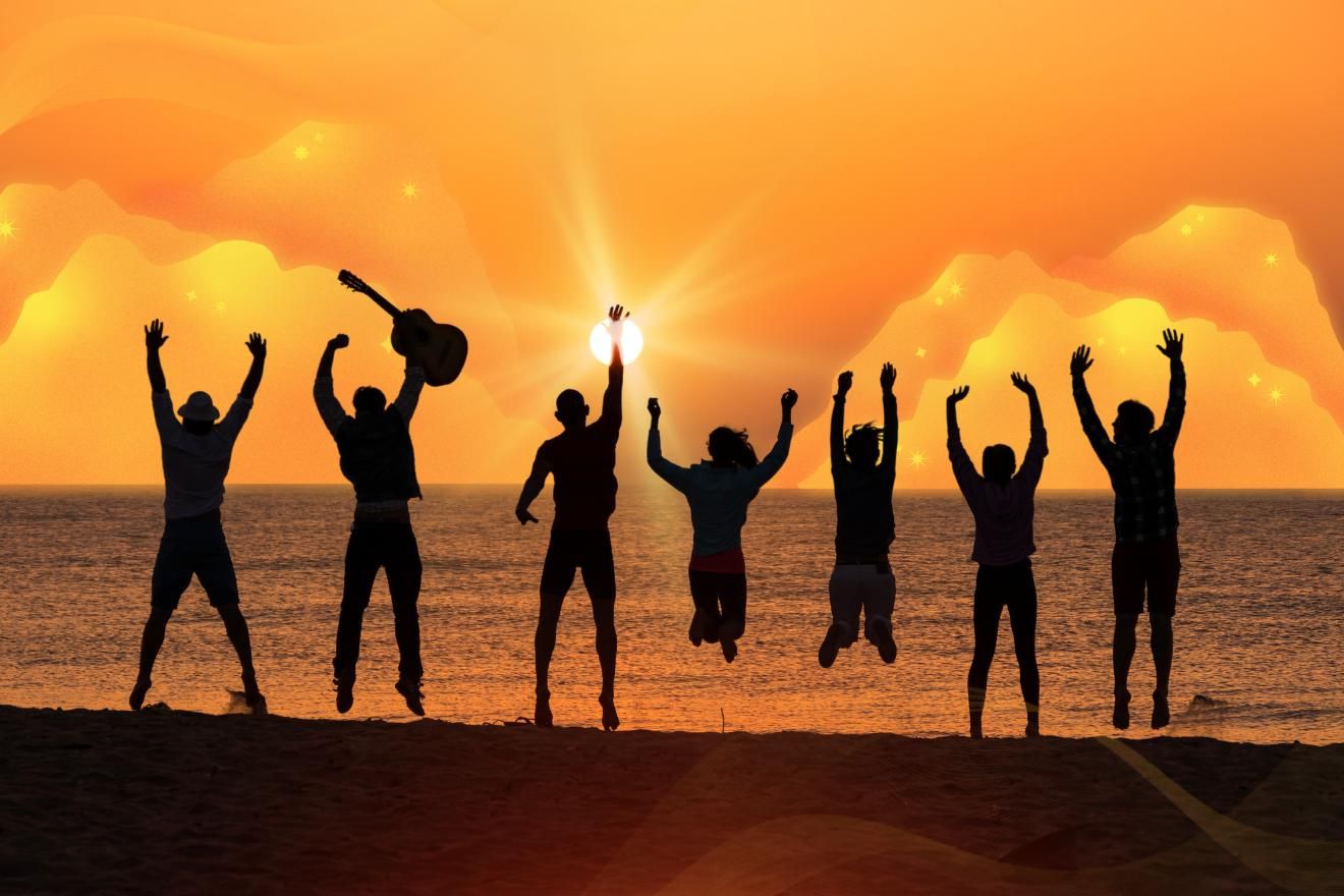 Personality Traits. Sihouettes of 7 people in a row on the beach, with the sea and a sinset behind them. They are all at various heights, having just jumped into the air for the photo. All their hands are lifted above their heads, and the person second from the left is holding a guitar in their left hand.