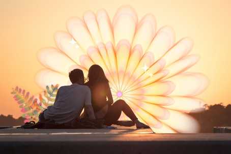Psychedelic use in relationships. A couple sitting on what looks like a sidewalk, with their backs to the camera. There is a sunset glow beyond them, and an expanding floral pattern in the sky.