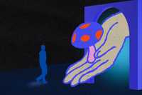 Early trauma. A surreal scene shows a blue-toned human silhouette facing a large, stylized mushroom emerging from a doorway, set against a dark background with vivid purples, blues, and bright red accents.
