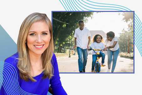 Emotion-Focused Family Therapy. A photo of Adele Lafrance in a bright blue top on the left. To her right, contained in a border, is a photograph of a family walking down a road. There are some concentric wavy lines around the images.