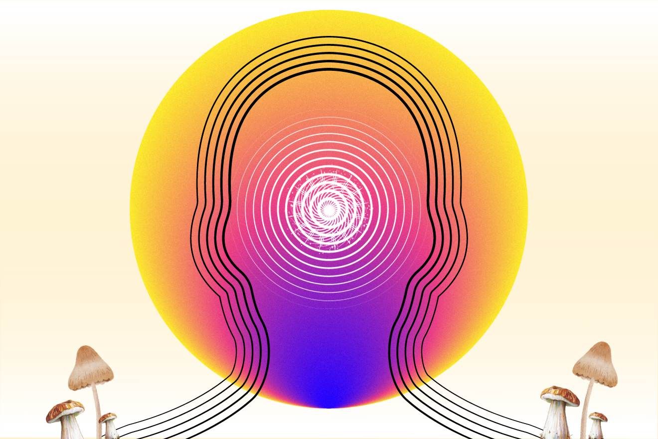 Mindful Microdosing. A pale yellow background with a white glow. In the centre is a circle with a colour-gradient from pinkish red at the bottom to golden yellow at the top. There is the shape of a person's head which the circle is encompassing. The shape is made up of 5 black outlines following the shape. At the throat part of the head which is also at the bottom of the circle is a purple glow. In the centre of the head is a glow-like circle made up with outlines of circles with increasing density to the centre. At each of the shoulder points of the person shape are cut-out images of 3 psilocybin mushrooms clustered together.
