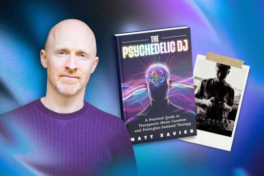 Psilocybin therapy. The image features a clean, vibrant composition with three main elements: a portrait of Matt Xavier on the left, the cover of his book The Psychedelic DJ in the center, and a black-and-white photo of him DJing taped like a Polaroid on the right. The background blends purples, blues, and teals in a soft, abstract gradient, creating a psychedelic, immersive feel. The book cover displays a stylized human head with neon-colored brain waves and energy lines, reinforcing the theme of music and consciousness. Overall, the layout is balanced and visually engaging, highlighting both the author and the book's focus.