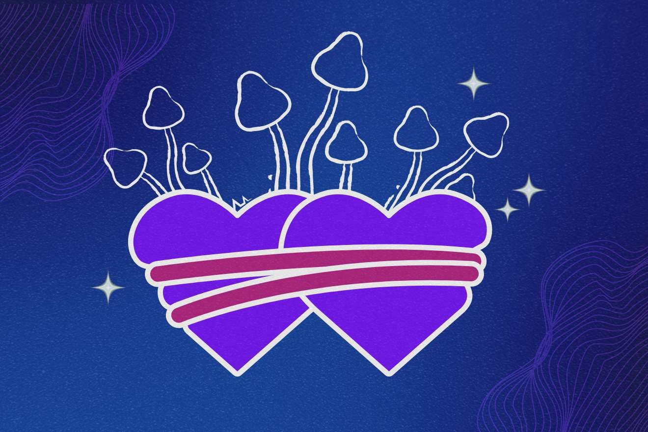 Codependency. A graphic of two purple hearts overlapping each other a little, with pinkish-red binding tying them together. Along the top of the hearts are graphics of white outlines of psilocybin mushrooms. This is all on a deep blue background with a pattern of purple concentric lines in the top left and bottom right corners.