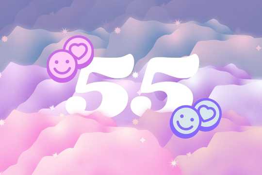 55 Fun Facts About MDMA. The image features a dreamy, soft-colored background with pastel hues of pink, purple, and blue, resembling clouds or a stylized landscape. In the center, the number "5.5" is prominently displayed in large, white, flowing digits. Surrounding the number are two emoji icons, one purple and one blue, each consisting of a smiling face with a heart. The overall design has a whimsical, light-hearted feel with sparkling stars scattered throughout, adding to the ethereal, serene atmosphere.