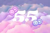 55 Fun Facts About MDMA. The image features a dreamy, soft-colored background with pastel hues of pink, purple, and blue, resembling clouds or a stylized landscape. In the center, the number "5.5" is prominently displayed in large, white, flowing digits. Surrounding the number are two emoji icons, one purple and one blue, each consisting of a smiling face with a heart. The overall design has a whimsical, light-hearted feel with sparkling stars scattered throughout, adding to the ethereal, serene atmosphere.