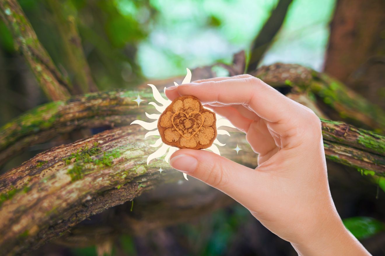 Ayahuasca-Assisted Therapy. A person's hand holding up a disc of ayahuasca bark, which has a greaphic of sunbeams behind it, and some twinkly stars around it. The background is a full ayahuasca plant.