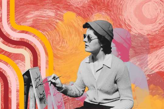 Creative Expression.. This collage-style artwork features a black-and-white photograph of a woman painting at an easel, set against a vibrant, textured background. The background consists of warm hues, including shades of red, orange, and yellow, resembling expressive brushstrokes, possibly inspired by Van Gogh’s swirling style. Abstract wavy lines in shades of pink, red, and yellow add a retro, 70s-inspired aesthetic. The overall composition combines vintage photography with modern digital elements, creating a dynamic contrast between past and present artistic expression.
