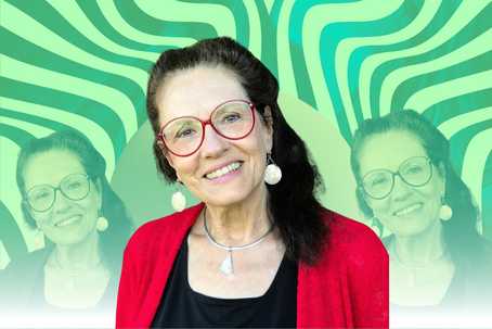 Ethical Awareness Tools. An image of Kylea in the center wearing a black top and a red cardigan She has long dark hair and glasses. Behind her is a green background with wavy wonky lines on it, and two duplicates of the image of her which are treated with a green effect.