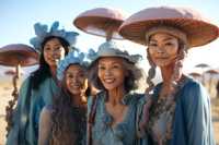 Psilocybin for Women. Photo of four women dressed in dusty blue flowy garments, wearing various fungi-shape hats.