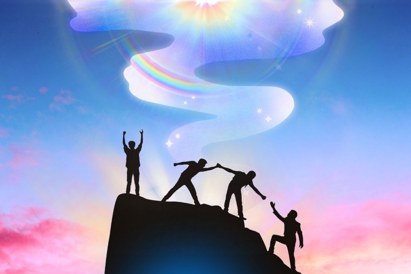 Stigma around psychedelics. The image shows the silhouette of four figures atop a rocky peak, symbolizing teamwork and achievement. One figure stands triumphantly with raised arms, while the others assist each other in climbing. The background is a vibrant gradient of blue, pink, and purple hues, creating a dreamy sky. A swirling, ethereal light with a rainbow sheen and sparkling stars rises into the sky, leading to a radiant, glowing sun at the top. The composition conveys inspiration and unity, with a celestial and uplifting atmosphere.