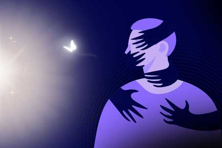 Managing Trauma. A dark blue background with a light purple flat-color graphic of a person with dark blue hands from the dark behind them, clutching at them from all sides. On their left is a glowing orb with a butterfly and some sparkles.