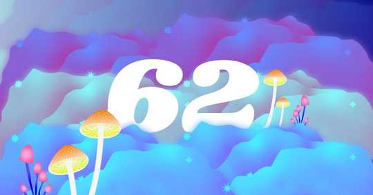 Facts about psilocybin. This image features a vibrant and whimsical scene dominated by soft, wavy, pastel-colored hills in shades of blue, purple, and pink, blending into a dreamy gradient. Large, bold white numbers "62" are centrally placed, standing out against the colorful background. Scattered across the hills are glowing, cartoon-like mushrooms with orange caps and dotted patterns, as well as smaller pink mushrooms with stems. Tiny star-like sparkles are sprinkled throughout, enhancing the magical, otherworldly atmosphere. The composition combines bold typography with a fantastical, colorful landscape.