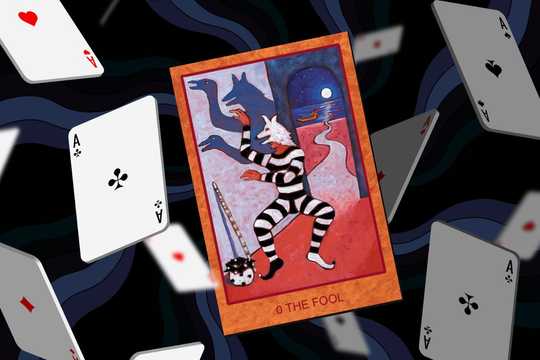 Clown therapist. Illustration of a tarot card titled “0 The Fool,” featuring a white-haired figure in black-and-white striped clothing, surrounded by floating playing cards against a dark, swirling background.
