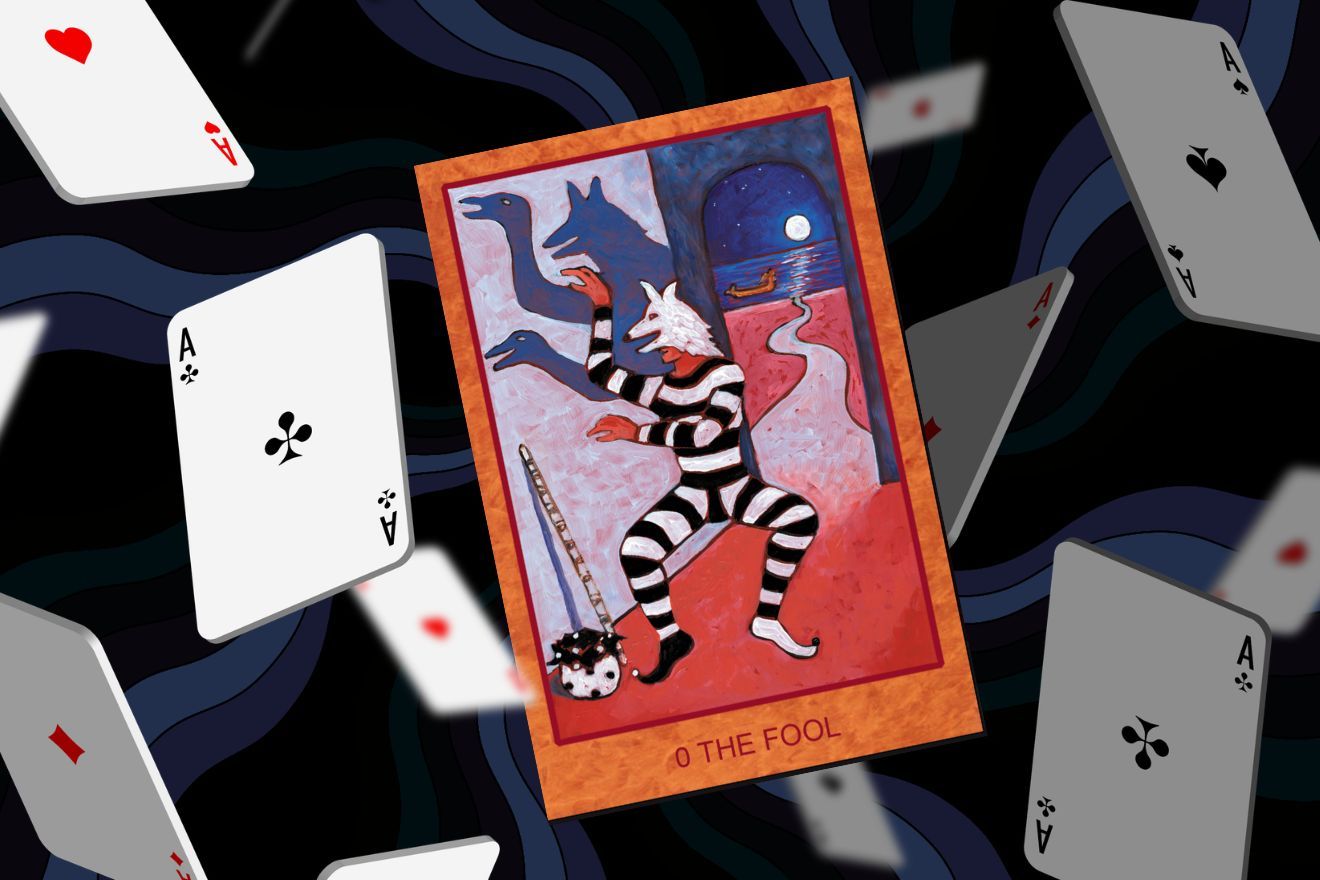 Clown therapist. Illustration of a tarot card titled “0 The Fool,” featuring a white-haired figure in black-and-white striped clothing, surrounded by floating playing cards against a dark, swirling background.