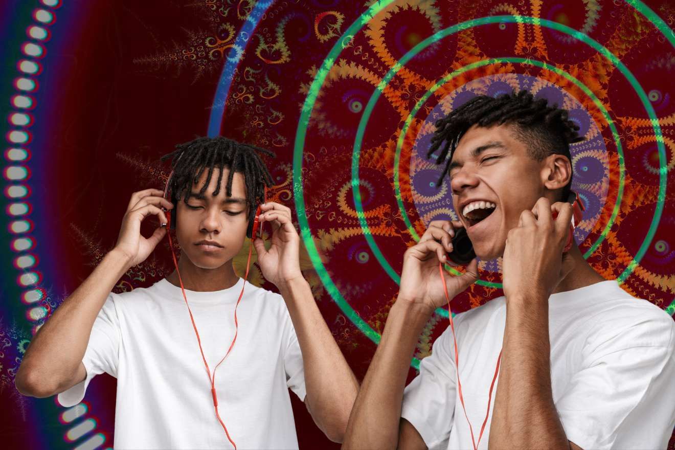 Music and psychedelics. On the left of the image is a young male with short dreads focusing on the music they are listening to through headphones. On the right side of the image is the same person, smiling, with sounds waves and psychedelic patterns emanating from behind their head.