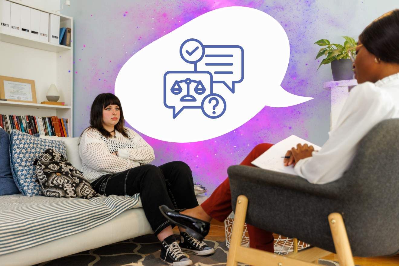 Legalized MDMA-Assisted Psychotherapy. Photo of a person sitting in therapy on a couch. There is a bookshelf behind them, and they are crossing their arms. Across from them is the therapist, with a graphic of a speech bubble containing icons that imply they are discussing MDMA-assisted psychotherapy.