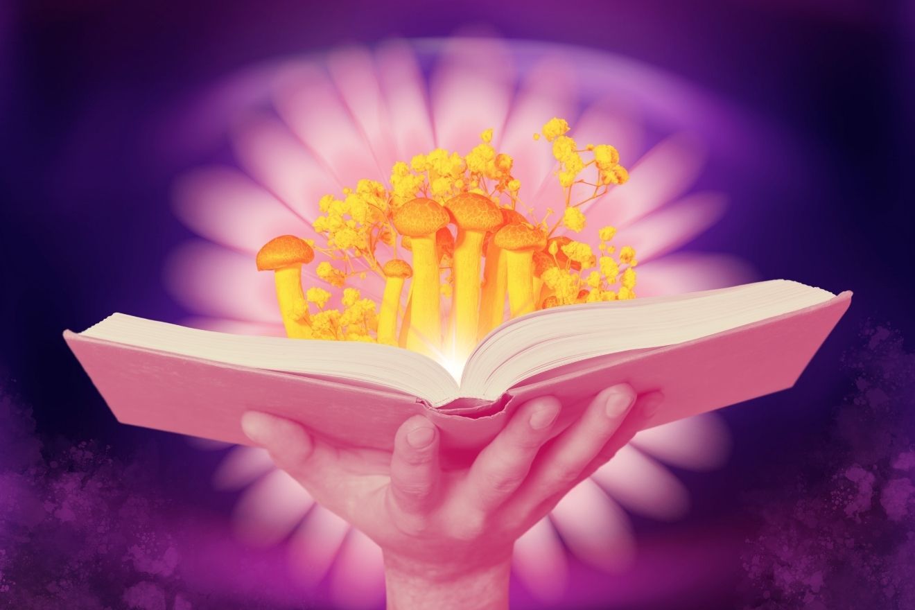 Psychedelic culture. The image features a vibrant and surreal composition with a hand holding an open book from which golden-yellow mushrooms and delicate yellow flowers emerge, glowing as if illuminated from within. The background consists of soft purples and pinks, forming a dreamy, radiating floral-like pattern, adding depth and focus to the central elements. The overall atmosphere is mystical and imaginative, blending natural elements with a sense of wonder and knowledge.