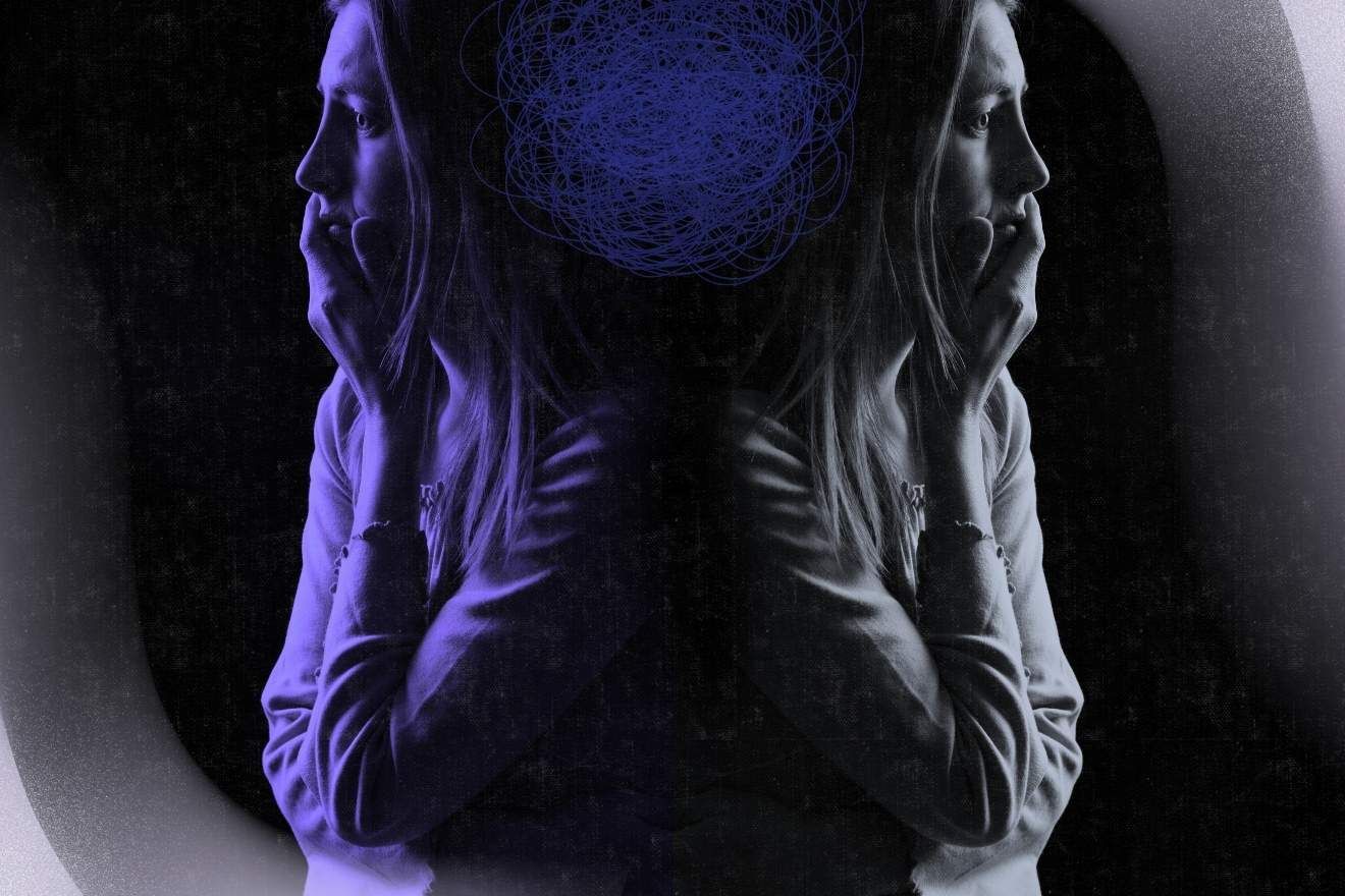 Worrying and an anxiety disorder. A woman with a scared expression, mirrored image, tangled lines representing thoughts, dark and moody atmosphere, blue and purple color scheme.