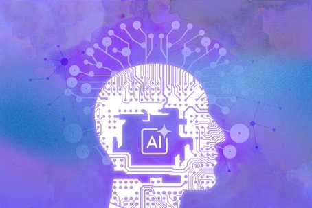 Artificial Intelligence in Psychedelic Medicine. This image features a stylized human head in profile, composed of glowing white circuitry patterns that evoke both a brain and a computer motherboard. At the center of the head is a microchip marked with the letters "AI" and a sparkle icon, symbolizing artificial intelligence. Radiating from the head are numerous circuit-like lines ending in circular nodes, visually mimicking neural networks or synaptic connections. The background is a dreamy blend of purples and blues with watercolor-like textures, enhancing the futuristic and psychedelic tone of the image. The overall composition conveys a fusion of technology and consciousness.
