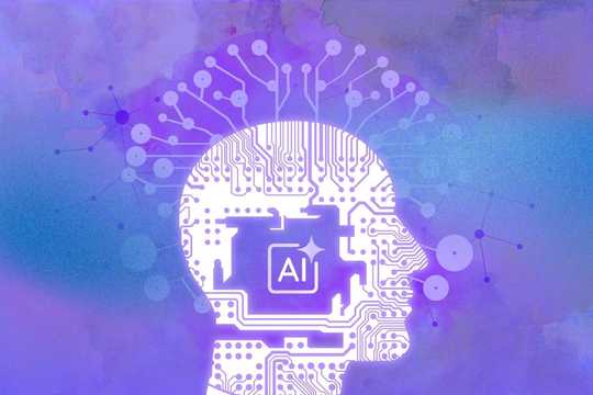 Artificial Intelligence in Psychedelic Medicine. This image features a stylized human head in profile, composed of glowing white circuitry patterns that evoke both a brain and a computer motherboard. At the center of the head is a microchip marked with the letters "AI" and a sparkle icon, symbolizing artificial intelligence. Radiating from the head are numerous circuit-like lines ending in circular nodes, visually mimicking neural networks or synaptic connections. The background is a dreamy blend of purples and blues with watercolor-like textures, enhancing the futuristic and psychedelic tone of the image. The overall composition conveys a fusion of technology and consciousness.