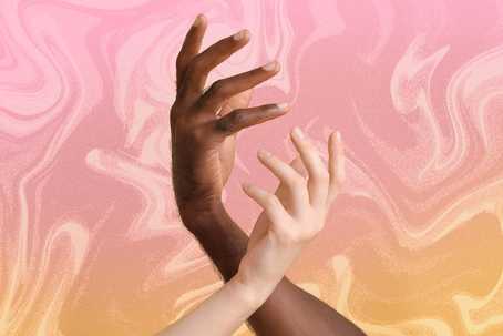 Race And Psychedelics. Two hands crossing each other on a liquid-effect peachy pink background. One hand is belonging to a black/brown person, the other to a white person. The two hands are facing each other in a gentle, synchronicitous way.