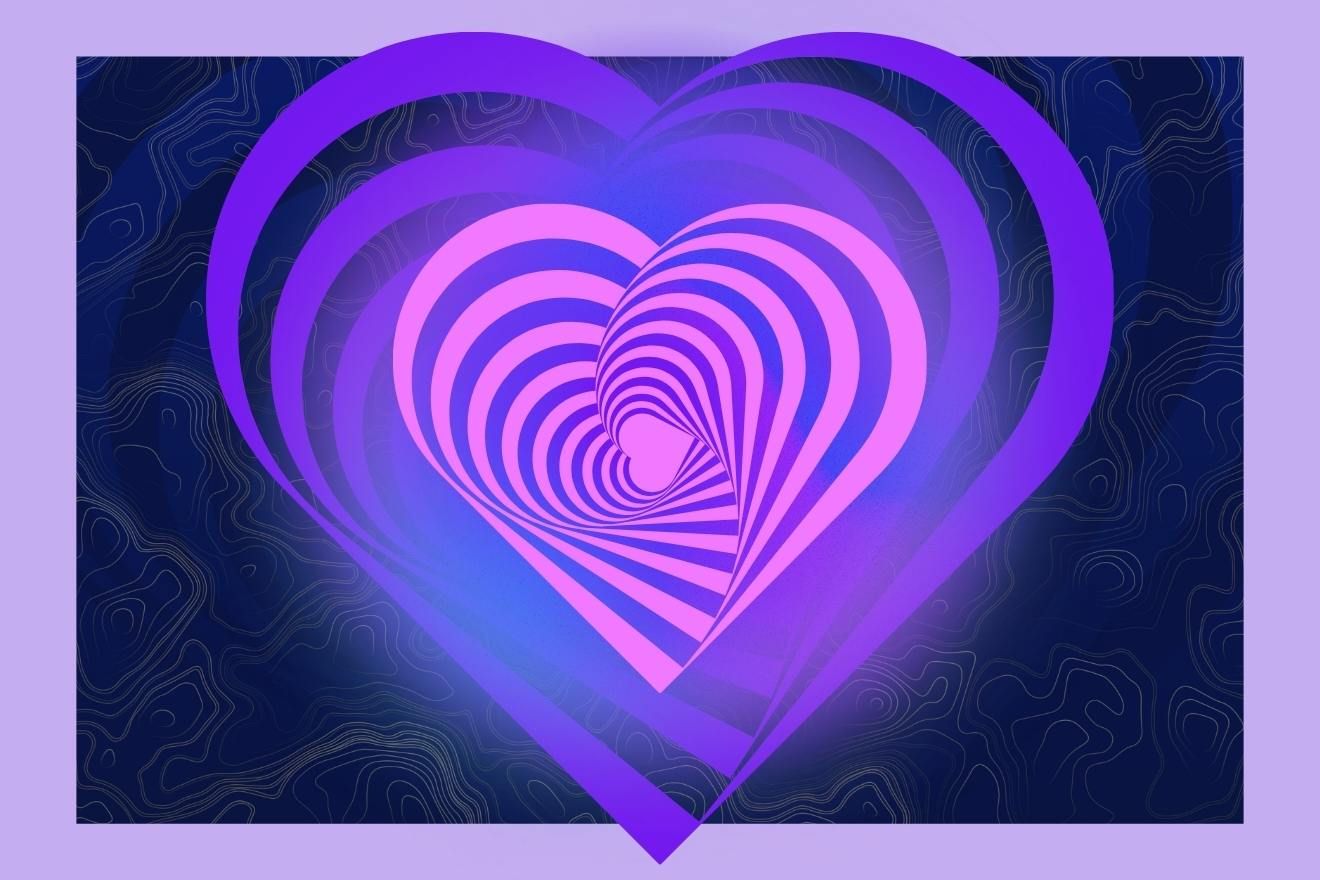Heart Rate Variability. A graphic of a heart made of a ribbon of bright purple. There's a smaller, pink, identical heart in the center. Behind these hearts is a glow on top of a dark blue background with silvery psychedelic patterns on it and a lilac border.