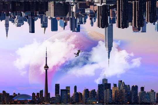 Art therapy. A surreal cityscape features mirrored skylines, a floating figure, and a pastel sky with a large planet and soft clouds in pink, purple, and blue tones.