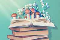 Psychedelic Literature. Illustrated image with a turquoise background, and a stack of books. The top book is lying open and has mushrooms and flowers growing out of it.