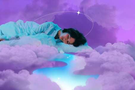 Psychedelics Influence Sleep. A bed of lilac clouds with someone sleeping on their side in light blue pajamas. Their head is resting on a pillow, and it appears as if there is a liquid psychedelic river beneath them. There is also a small star in the sky.