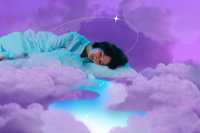 Psychedelics Influence Sleep. A bed of lilac clouds with someone sleeping on their side in light blue pajamas. Their head is resting on a pillow, and it appears as if there is a liquid psychedelic river beneath them. There is also a small star in the sky.