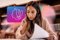 Good Psychedelic Therapist. The image depicts a young woman with long brown hair sitting in a library or study area, focused on reading a document she is holding in her hand. She is wearing a light beige top and appears thoughtful, with her other hand resting on her cheek. The background features blurred bookshelves and warm ambient lighting, creating a cozy and academic atmosphere. Overlaid on the left side of the image is a graphic icon of a stylized female profile intertwined with a flower, set against a gradient background of purple, pink, and blue hues. The composition combines a sense of introspection and creativity.