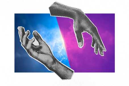 Masculine and feminine energies. The image features two stylized, dotted hands in black and white, positioned against a vibrant, abstract background split into two halves. One side is a cool blue with clouds, while the other is a deep purple with a subtle hint of pink and light, evoking a cosmic or otherworldly atmosphere. The hands are outlined in a graphic style, emphasizing the contrast between the figures and the colorful backdrop.