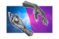 Masculine and feminine energies. The image features two stylized, dotted hands in black and white, positioned against a vibrant, abstract background split into two halves. One side is a cool blue with clouds, while the other is a deep purple with a subtle hint of pink and light, evoking a cosmic or otherworldly atmosphere. The hands are outlined in a graphic style, emphasizing the contrast between the figures and the colorful backdrop.