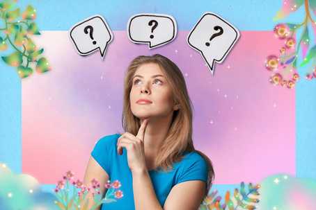 Psychedelic Substances. A dreamy pink background, with a blue border and soft-textured flora dotted around it. There is a female presenting person wearing a blue shirt, looking upward with their and beneath their chin, in contemplation, There are 3 question marks in speech bubbles above their head.